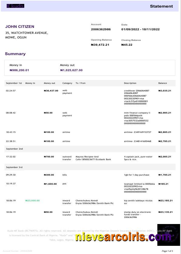 Nigeria KudaBank statement Word and PDF, 4 pages